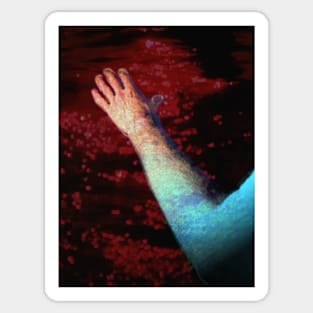 Digital collage and special processing. Ugly close up, amazing on distance. Hand, water view. Red light. Sticker